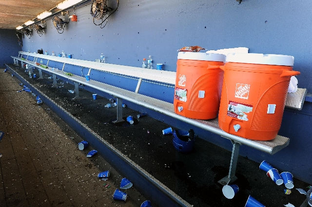 The Las Vegas 51s dugout is seen after the final game of the season at Cashman Field in Las Vegas on Monday. (Josh Holmberg/Las Vegas Review-Journal)