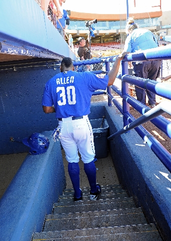 Las Vegas 51s outfielder Brandon Allen, the last player to walk off the field, walks to the dugout after the final game of the season at Cashman Field in Las Vegas on Monday. (Josh Holmberg/Las Ve ...