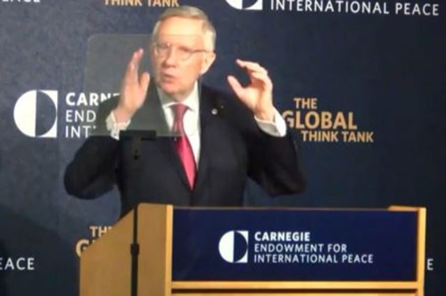 Senate Democratic leader Sen. Harry Reid of Nevada delivers a speech on the Iran nuclear agreement Sept. 8 before the Carnegie Endowment for International Peace in Washington, D.C. (Screengrab/You ...