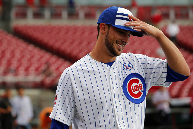 Jul 14, 2015; Cincinnati, OH, USA; National League third baseman Kris Bryant (17) of the Chicago Cubs prior to the 2015 MLB All Star Game at Great American Ball Park. (Rick Osentoski/USA TodaySports)