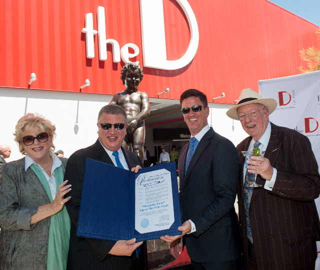 Mayor Carolyn Goodman, Derek and Greg Stevens, Oscar Goodman are shown with Manneken Pis. (The D Las Vegas)