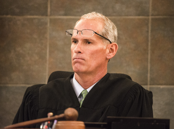 District Judge Douglas Herndon listens during opening statements during the murder trial of defendant Michael Rodriguez at Regional Justice Court, 200 Lewis Avenue on  Monday, Sept. 21,2015.  Rodr ...