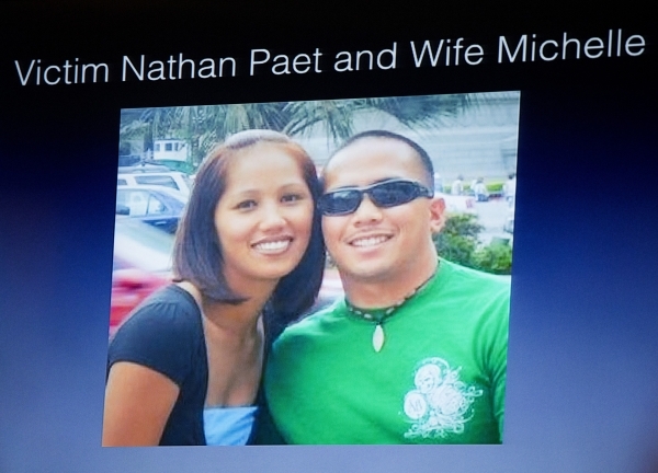 A video screen image of homicide victim Nathan Paet and his wife Michelle during opening statements  in the murder trial of Michael Rodriguez at Regional Justice Court, 200 Lewis Avenue, on Monday ...