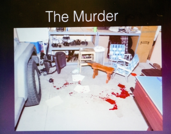 A view screen image of the murder scene during opening statements at Regional Justice Court, 200 Lewis Avenue on Monday, Sept. 21,2015. Defendant Michael Rodriguez is facing a death penalty in th ...