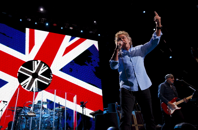 Roger Daltrey, left, and Pete Townshend of The Who perform during the opening night of their North American tour, "The Who Hits 50", at Amalie Arena in Tampa, Florida, April 15, 2015. (S ...