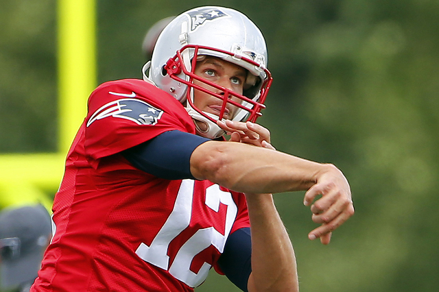 New England Patriots quarterback Tom Brady throws during training camp at Gillette Stadium in Foxborough, Mass., Aug 6, 2015. (Winslow Townson/USA Today Sports)