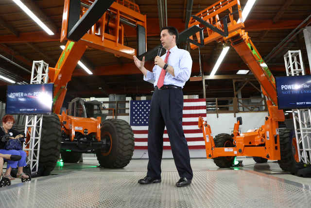 Gov. Scott Walker appears at a town hall at XTreme Manufacturing Warehouse,1415 West Bonanza Road on Monday. (Jeff Scheid/Las Vegas Review-Journal)