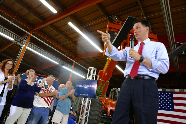 Gov. Scott Walker appears at town hall XTreme Manufacturing Warehouse,1415 West Bonanza Road on Monday. (Jeff Scheid/Las Vegas Review-Journal)