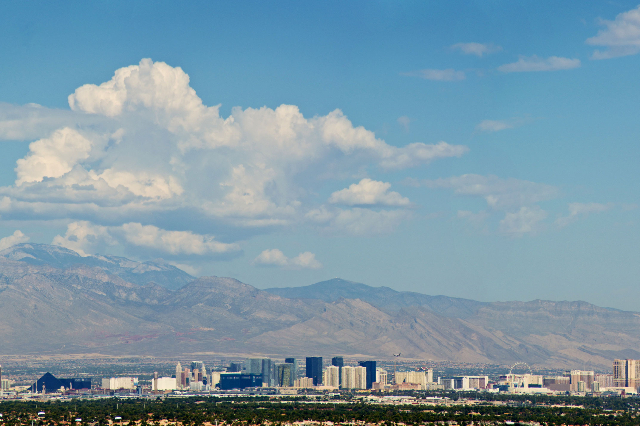 Clouds are seen above the Las Vegas Strip and the Spring Mountains on Aug. 27, 2015. (Daniel Clark/Las Vegas Review-Journal)