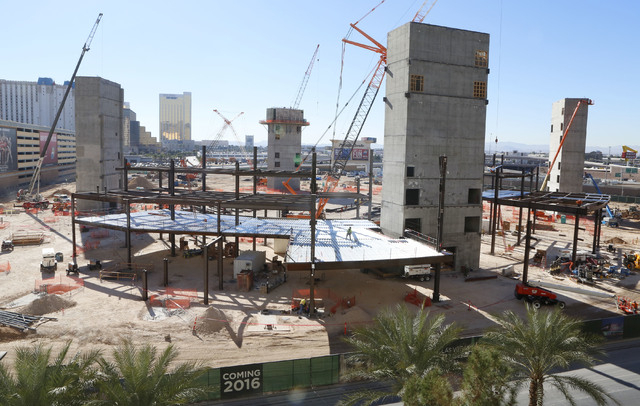 The construction site of the MGM Resorts International and AEG indoor arena located behind the New York-New York casino-hotel in Las Vegas is seen Thursday, Nov. 20, 2014. The arena is scheduled t ...