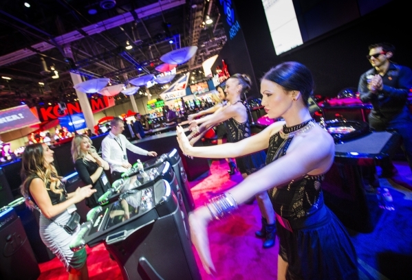 The Diamond Girls perform in the Interblock Gaming booth at the Global Gaming Expo in the Sands Expo and Convention Center on Wednesday, Sept. 30, 2015. (Jeff Scheid/ Las Vegas Review-Journal Foll ...