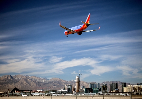 A Southwest Airlines flight prepares for landing at McCarran International Airport on Tuesday, Nov. 26, 2013. Jeff Scheid/Las Vegas Review-Journal Follow @jlscheid