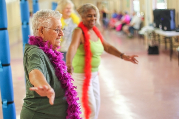 Patty Jacobs, 80, participates in a burlesque dance class at Derfelt Senior Center in Lorenzi Park in Las Vegas on Thursday, Oct. 1, 2015. It was the first time the class was being held. Chase Ste ...