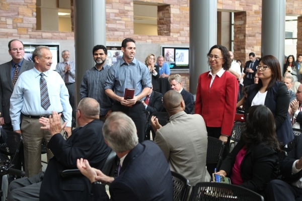 UNLV science and engineering faculty are recognized during a press conference at the UNLV Science and Engineering Building in Las Vegas Wednesday, Oct. 7, 2015. UNLV announced a $1 million, 5-year ...
