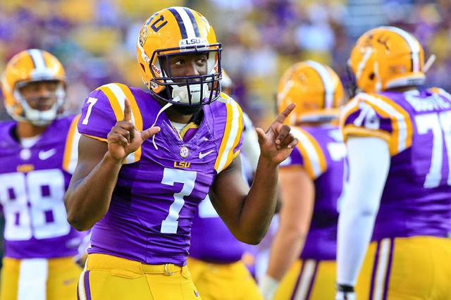 Oct 3, 2015; Baton Rouge, LA, USA; LSU Tigers running back Leonard Fournette (7) before a game against the Eastern Michigan Eagles at Tiger Stadium. Mandatory Credit: Derick E. Hingle-USA TODAY Sports