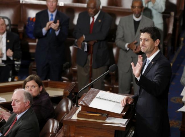 Newly elected Speaker of the U.S. House of Representatives Paul Ryan waves to his family after being elected on Capitol Hill in Washington, Oct. 29, 2015. (Gary Cameron/Reuters)