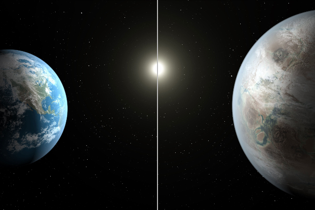 This artist‘s concept compares Earth, left, to the new planet, called Kepler-452b, which is about 60 percent larger in diameter. (NASA/JPL-Caltech/T. Pyle/CNN)