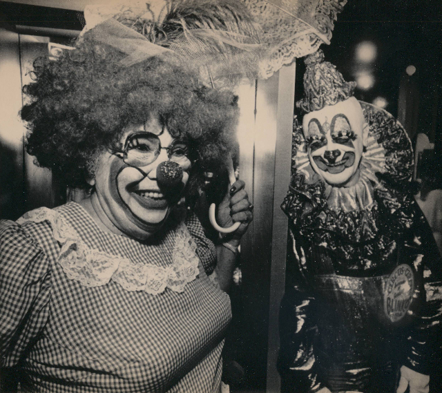 Barbara Morgan, left, a 61-year-old grandmother, shares the stage at Circus Circus with Blinko the Clown in this 1987 photo. (Jeff Scheid/Las Vegas Review-Journal)