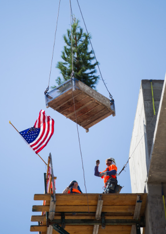 The ceremonial tree is raised during the "topping off" ceremony at the Lucky Dragon hotel-casino in Las Vegas on Friday, Sept. 11, 2015. Chase Stevens/Las Vegas Review-Journal Follow @cs ...