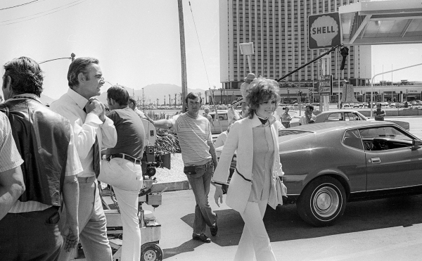Production of the James Bond movie  "Diamonds Are Forever" starring Sean Connery, second from left, and Jill St. John in front of the International Hotel and Casino, (later the Las Vegas ...