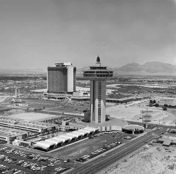 The Landmark Tower hotel, foreground, opened on July 1, 1969. It was imploded in 17 seconds on Nov. 7, 1995. LAS VEGAS NEWS BUREAU