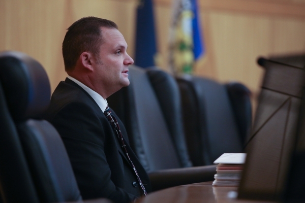 Det. Ryan Jaeger answers questions at the public fact finding review of the shooting of John Allen which took place at the Clark County Government Center Commission Chambers on Friday, Nov. 13, 20 ...