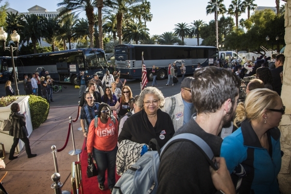 Wounded Warriors and guest arrive for the "Salute the Troops" event at the The Mirage on Friday, Nov. 13, 2015. MGM Resorts International is treating more than 70 wounded warriors who su ...