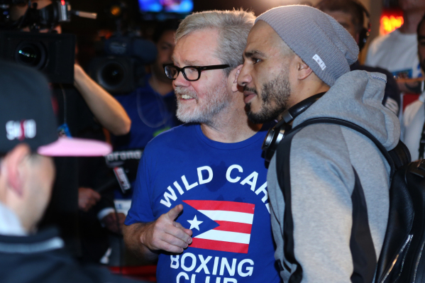 Boxing trainer Freddie Roach, left, poses with Miguel Cotto during the grand arrival event for Cotto and Canelo Alvarez at Mandalay Bay casino-hotel in Las Vegas Tuesday, Nov. 17, 2015. Erik Verdu ...