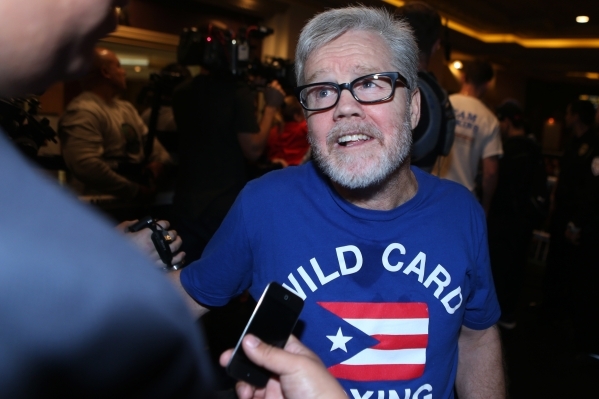 Freddie Roach is interviewed during the grand arrivals for Canelo Alvarez and Miguel Cotto at Mandalay Bay casino-hotel in Las Vegas Tuesday, Nov. 17, 2015. Erik Verduzco/Las Vegas Review-Journal  ...