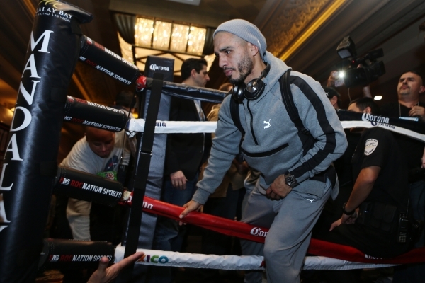 Miguel Cotto leaves the ring during his grand arrival for his fight against Canelo Alvarez at Mandalay Bay casino-hotel in Las Vegas Tuesday, Nov. 17, 2015. Erik Verduzco/Las Vegas Review-Journal  ...