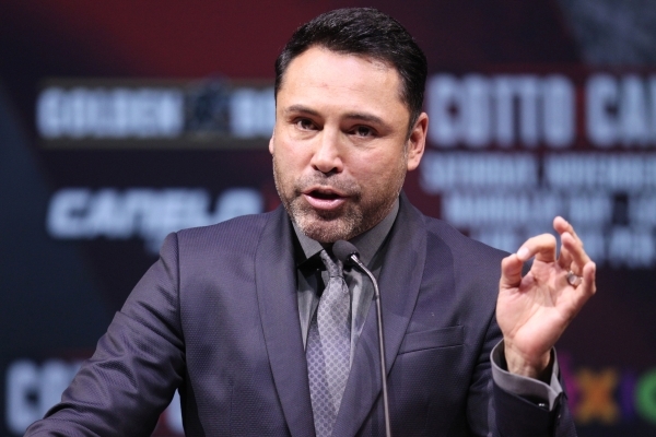 Boxing promoter Oscar De La Hoya speaks during the final press conference for Saul "Canelo" Alvarez and Miguel Cotto at Mandalay Bay casino-hotel in Las Vegas Wednesday, Nov. 18, 2015. E ...