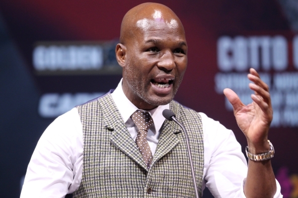 Former boxer Bernard Hopkins speaks during the final press conference for Saul "Canelo" Alvarez and Miguel Cotto at Mandalay Bay casino-hotel in Las Vegas Wednesday, Nov. 18, 2015. Erik  ...