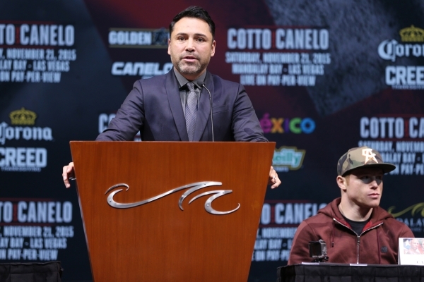 Boxing promoter Oscar De La Hoya speaks during the final press conference for Saul "Canelo" Alvarez and Miguel Cotto at Mandalay Bay casino-hotel in Las Vegas Wednesday, Nov. 18, 2015. E ...