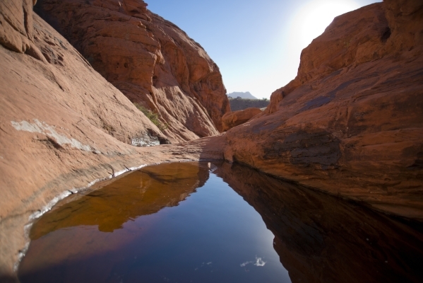 A pool of water from recent rainfall is seen inside the scenic loop of the Red Rock Canyon National Conservation Area on Monday, Nov. 16 2015. Red Rock is celebrating its 25th anniversary as a nat ...