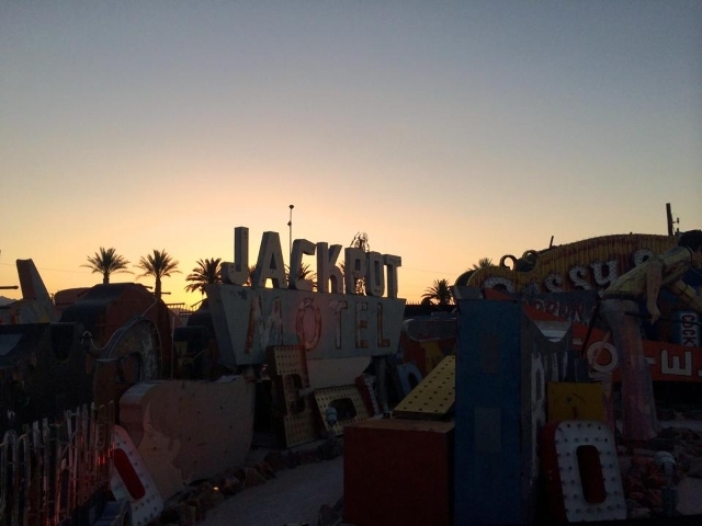 The sun sets over the Neon Boneyard on Feb. 17, 2015. (Stephanie Grimes/Las Vegas Review-Journal)