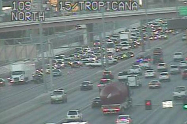 A crash on southbound Interstate 15 near Tropicana Avenue is blocking two lanes and slowing traffic Tuesday morning, Nov. 17, 2015. (RTC/FAST Cameras)