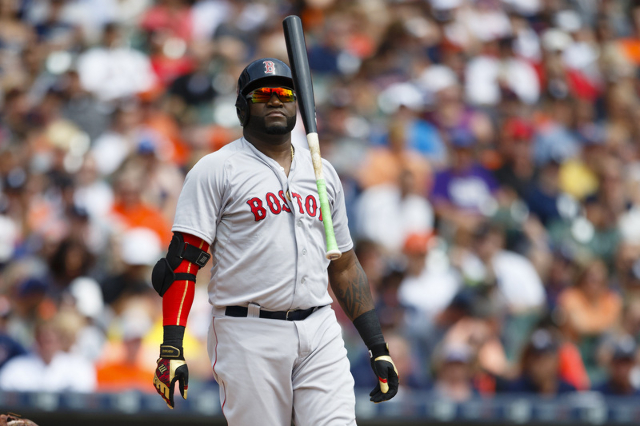 Aug 9, 2015; Detroit, MI, USA; Boston Red Sox designated hitter David Ortiz (34) tosses his bat up after a swinging strike in the second inning against the Detroit Tigers at Comerica Park. (Rick O ...
