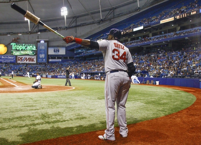Sep 12, 2015; St. Petersburg, FL, USA; Boston Red Sox designated hitter David Ortiz (34) waits to bat during the seventh inning of a baseball game against the Tampa Bay Rays at Tropicana Field. (R ...