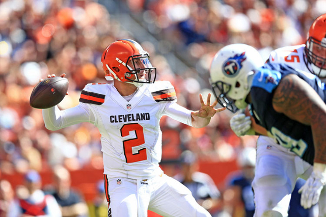 Sep 20, 2015; Cleveland, OH, USA; Cleveland Browns quarterback Johnny Manziel (2) throws a pass during the third quarter against the Tennessee Titans at FirstEnergy Stadium. Mandatory Credit: Andr ...
