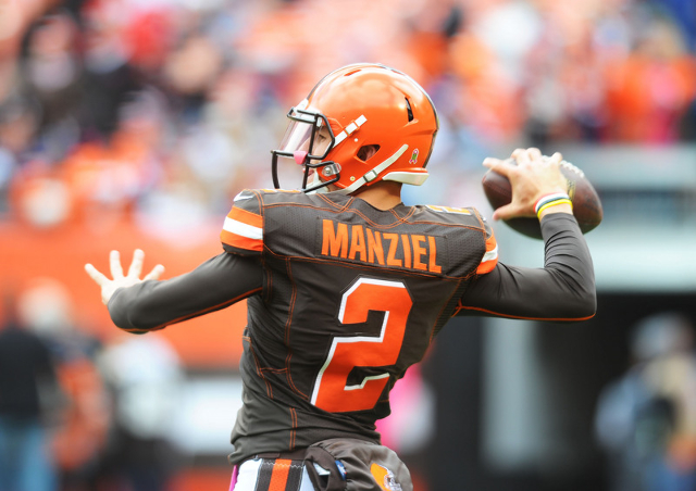 Oct 18, 2015; Cleveland, OH, USA; Cleveland Browns quarterback Johnny Manziel warms up before the game against the Denver Broncos at FirstEnergy Stadium. (James Lang/USA Today Sports)