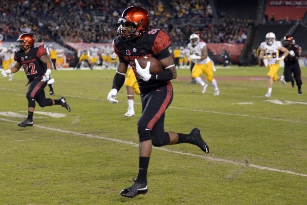 Nov 14, 2015; San Diego, CA, USA; San Diego State Aztecs wide receiver Eric Judge (81) runs after a catch during the second quarter against the Wyoming Cowboys at Qualcomm Stadium. Judge would fum ...
