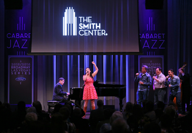 Performers entertain audience members with a number from "Idaho" during a reveal of the The Smith Center‘s 2015-16 Broadway season lineup at The Smith Center Monday, Feb. 23, 2015, ...