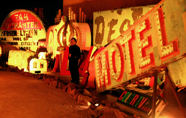 Neon Museum tour guide Brent Mizel stands during the Grand Lighting ceremony at 770 Las Vegas Boulevard Tuesday, Oct. 23, 2012. (Jeff Scheid/Las Vegas Review-Journal)
