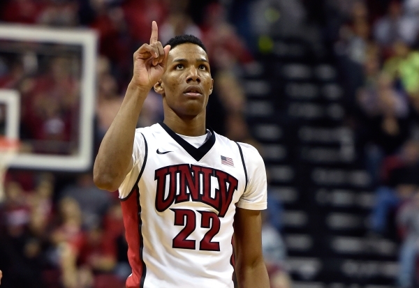 UNLV guard Patrick McCaw (22) reacts after scoring a 3-point basket against Cal Poly during a NCAA basketball game at the Thomas & Mack Center in Las Vegas Friday, Nov. 13, 2015. UNLV won, 74- ...