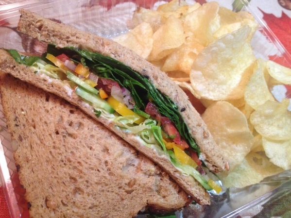A vegan sandwich with spinach, onions, cucumbers, tomatoes, peppers and Vegenaise is shown at Elevated Juice. Sandy Lopez/View