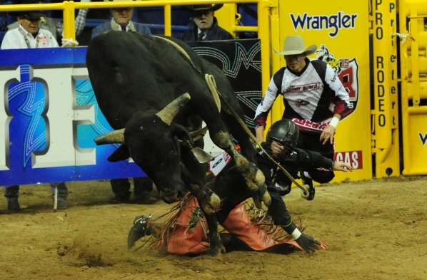 Bull rider Sage Kimzey from Strong City, Okla., is bucked from his bull during the first go-round of the 2015 Wrangler National Finals Rodeo at the Thomas & Mack Center in Las Vegas  Thursday, ...