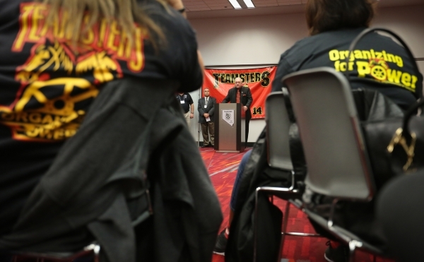 Larry Griffith, center, the Secretary-Treasurer of Teamsters Local 14, speaks to supporters at the Cashman Center after a vote that ousted the ESEA in favor of Teamsters Local 14 as the labor unio ...