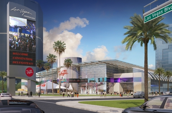 Rendering showing conceptual images of the Las Vegas Convention Center after its planned overhaul. Image is a view from Las Vegas Boulevard at the current Riviera Hotel site. Rendering courtesy La ...