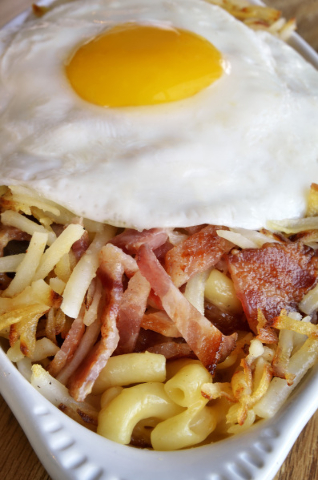 The Breakfast Mac ‘N Cheese is shown at the Truffles N Bacon Cafe at 8872 S. Eastern Ave. in Las Vegas on Saturday, Dec. 5, 2015. The dish is made with bacon, hash browns, ham, macaroni, mus ...