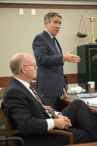 Clark County School District lawyers Dan Polsenberg, top, and Dan Waite appear during a hearing for Lamberth v. CCSD at the Regional Justice Center in Las Vegas on Thursday, Dec. 3, 2015. Henderso ...